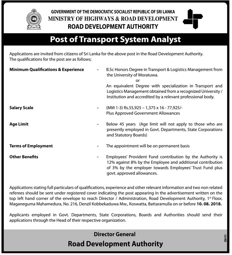 Transport System Analyst - Road Development Authority